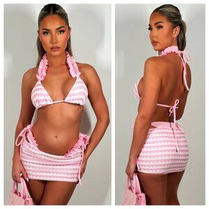 Sorelle Baby Pink & White Frilly Ruffle Striped Knit 3 Piece Bikini & Skirt Set